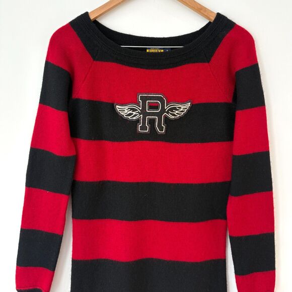 VTG Ralph Lauren Rugby Striped Red Black Wool Cashmere Sweater Winged R Logo S - Picture 3 of 7